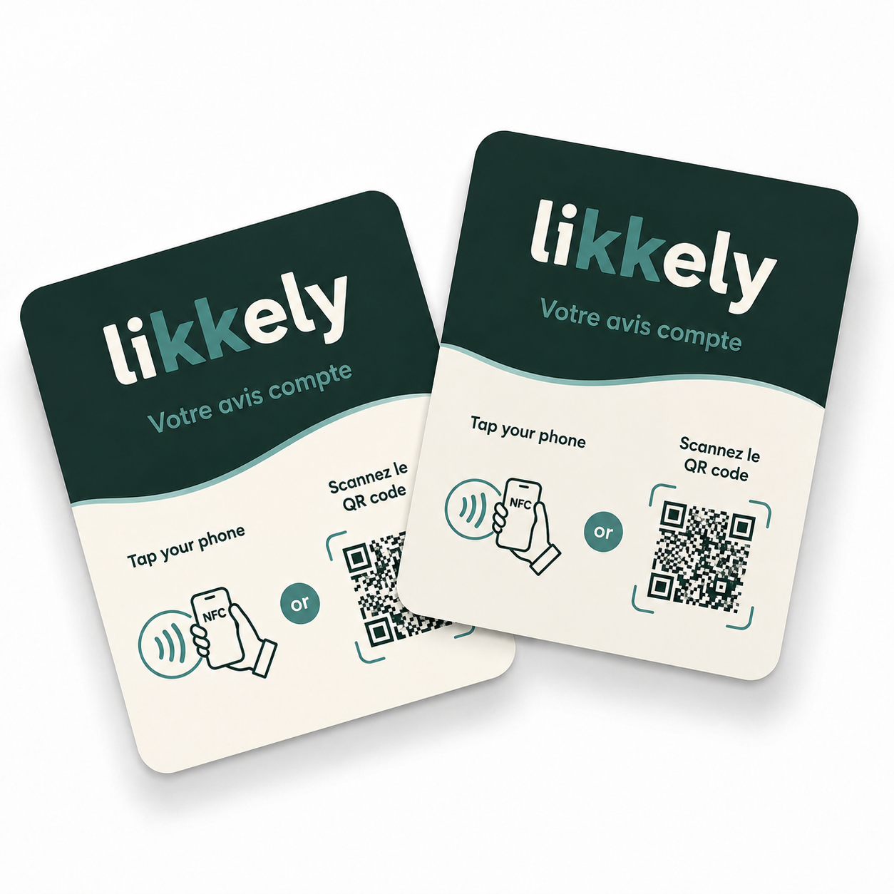 Cartes Likkely avec puce NFC et QR code, à poser au comptoir du cabinet
